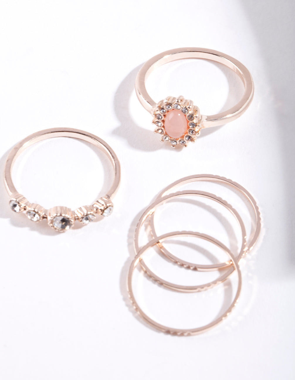 Rose Gold Stone Diamante 5-Pack Ring Stack