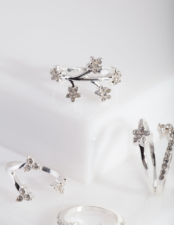 Silver Floral Diamante Ring 5-Pack