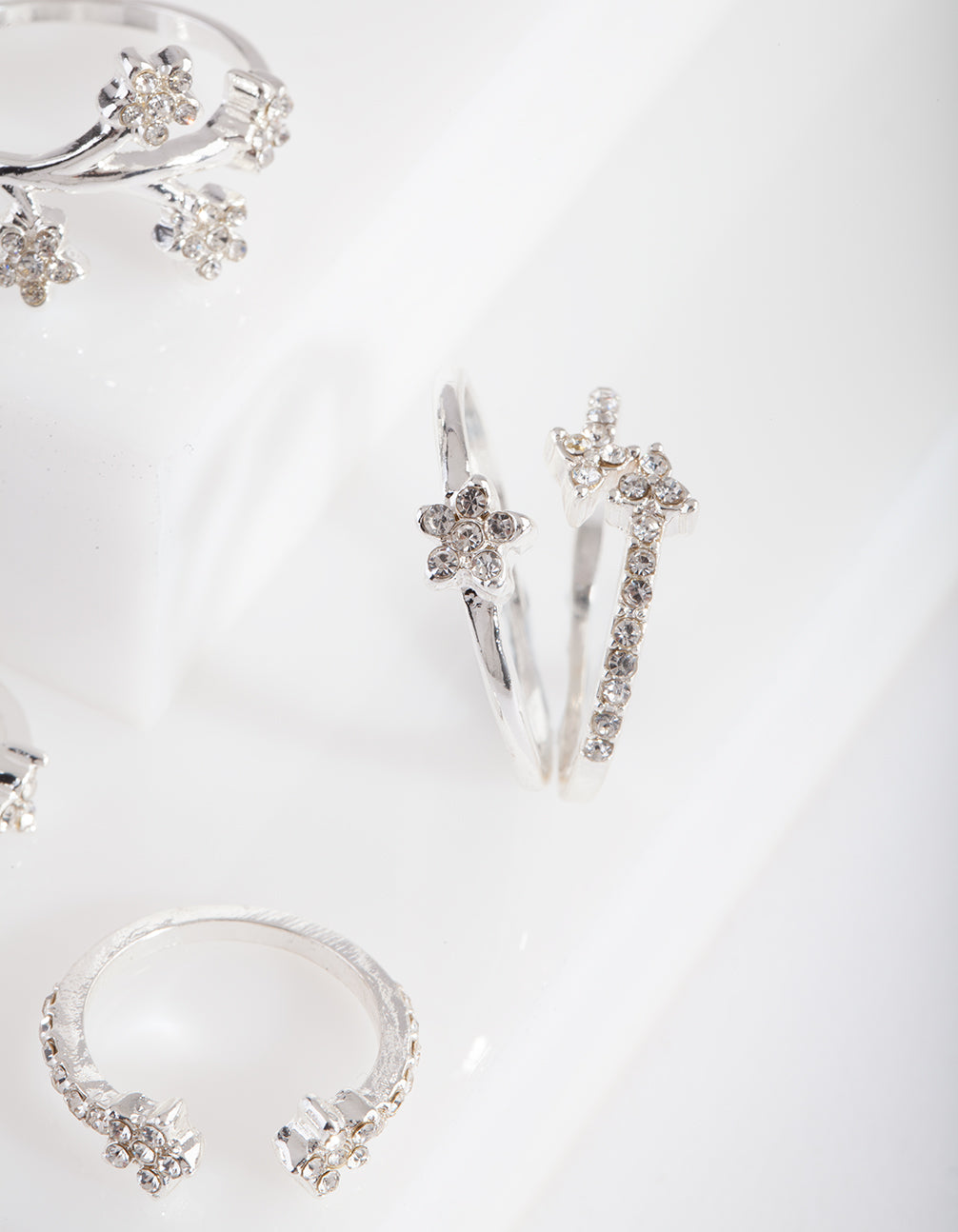 Silver Floral Diamante Ring 5-Pack