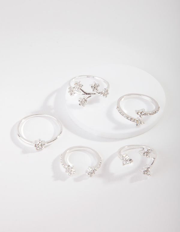 Silver Floral Diamante Ring 5-Pack
