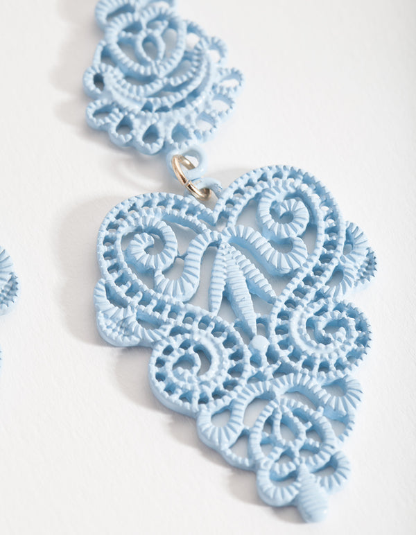 Blue Large Filigree Drop Earrings