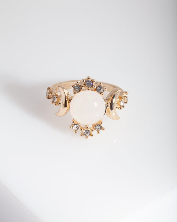 Gold Synthetic Opal Moon Diamante Ring