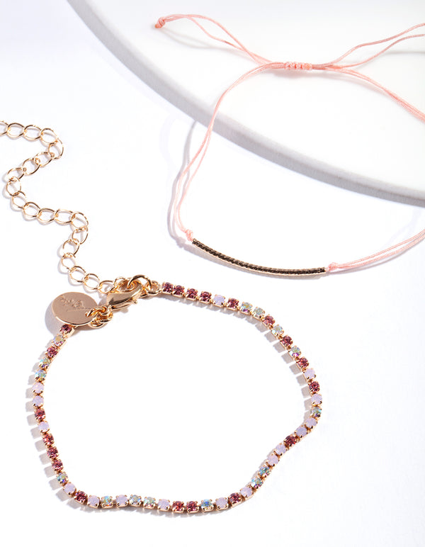 Gold Pink Multi Diamante Bracelet 2 Pack
