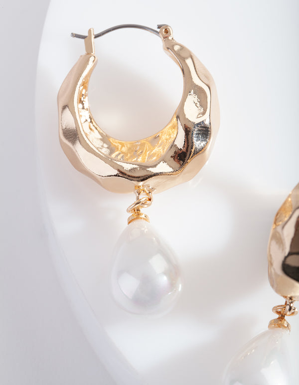 Gold Hoop Earrings with Pearl Teardrop