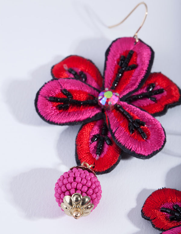 Red Embroidered Flower Earrings