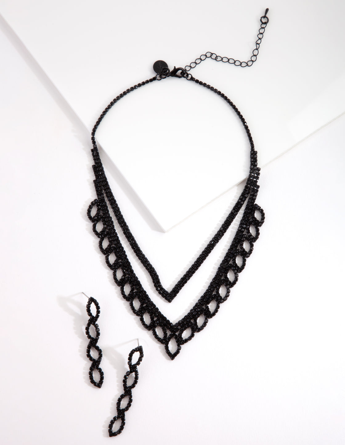 Black Diamante Leaf Necklace & Earrings Set