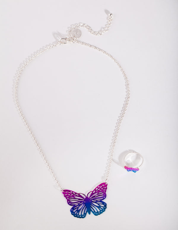 Kids Silver Butterfly Necklace Ring Set
