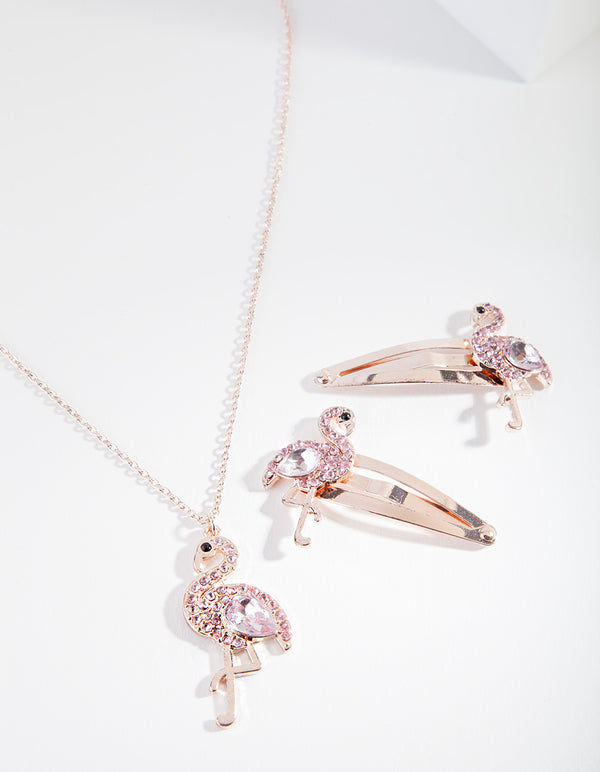 Kids Flamingo Necklace Hair Clip Set