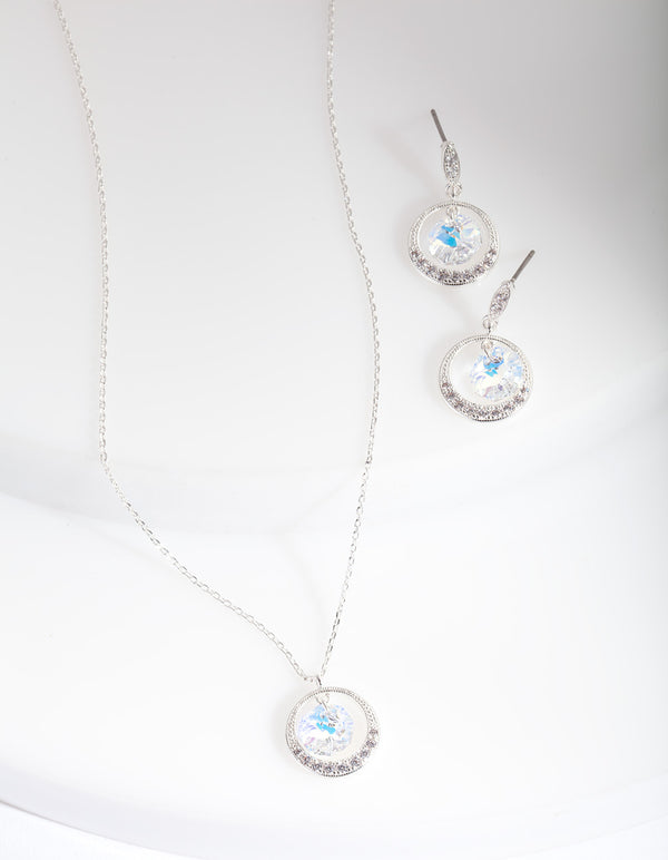 Silver Circle Cubic Zirconia Floating Necklace Earring Set