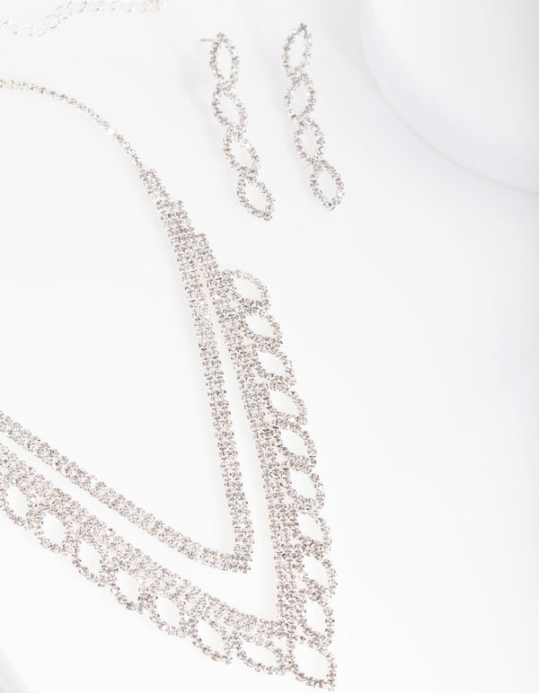Silver Leaf Diamante Earring Necklace Set