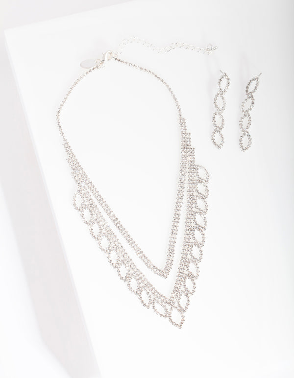 Silver Leaf Diamante Earring Necklace Set