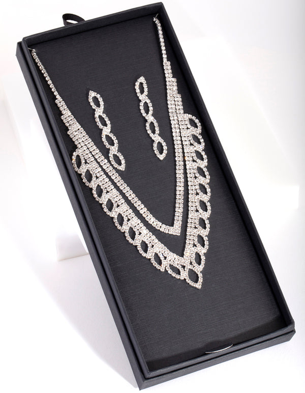 Silver Leaf Diamante Earring Necklace Set