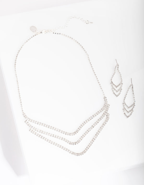 Silver Triple Row Cupchain Diamante Earring Necklace Set