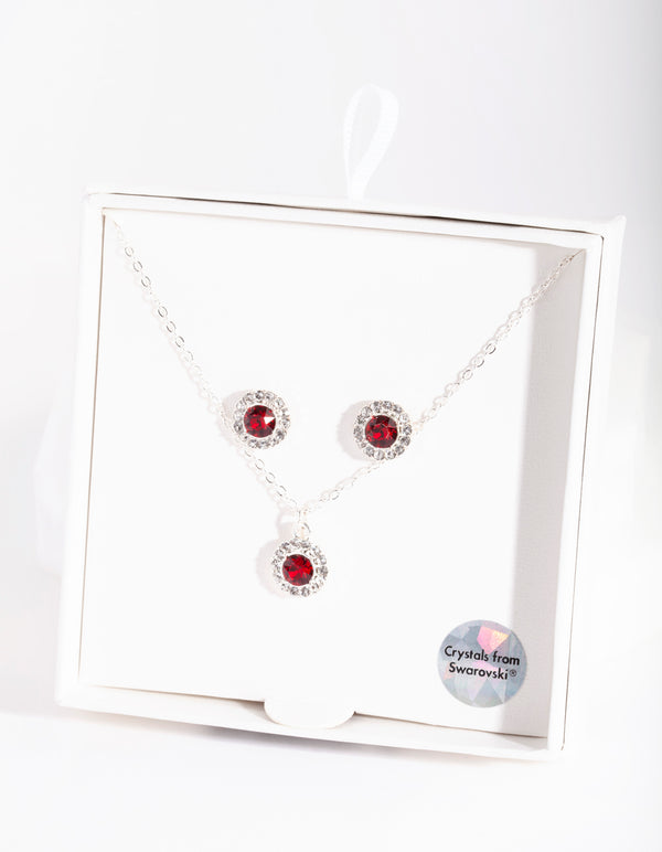 Silver Red Swarovski Earring Necklace Set