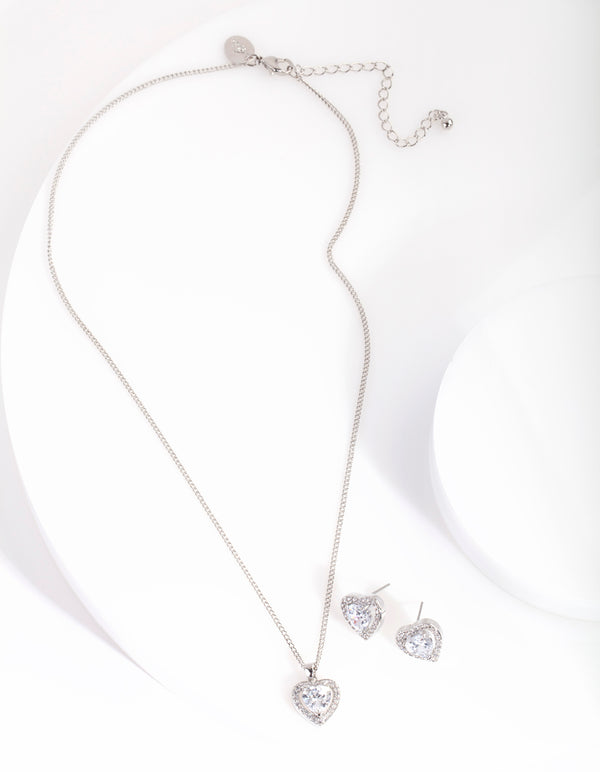 Silver Cubic Zirconia Boarder Heart Earring Necklace Set