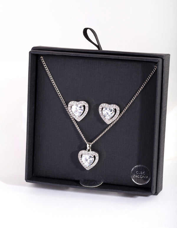 Silver Cubic Zirconia Boarder Heart Earring Necklace Set