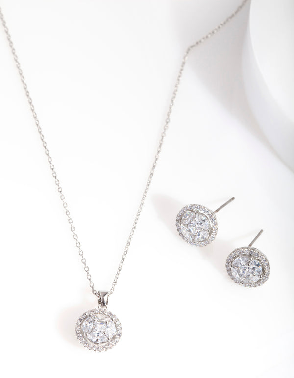 Silver Cubic Zirconia Surround Necklace Earring Set