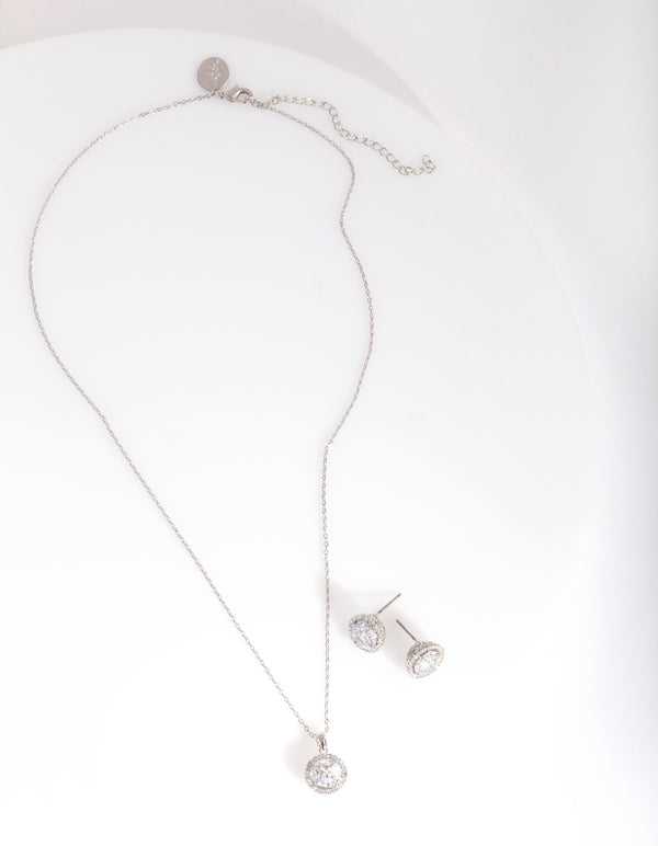 Silver Cubic Zirconia Surround Necklace Earring Set