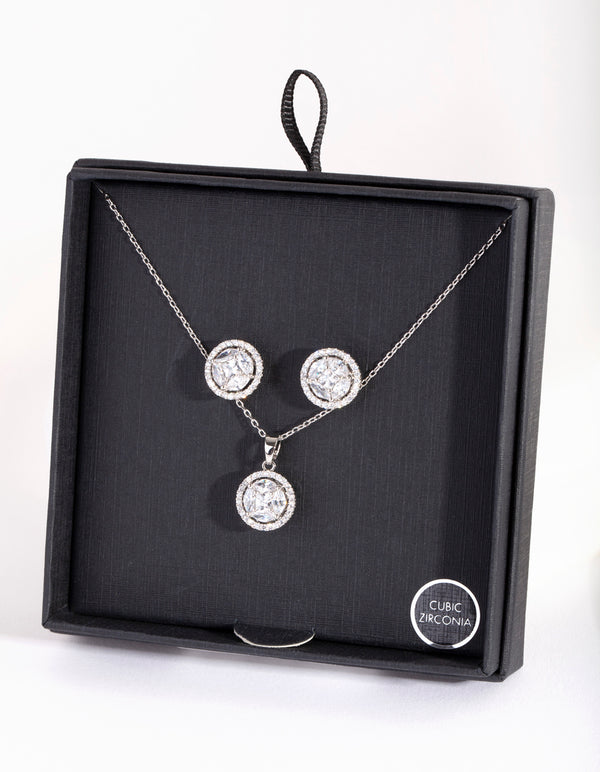 Silver Cubic Zirconia Surround Necklace Earring Set
