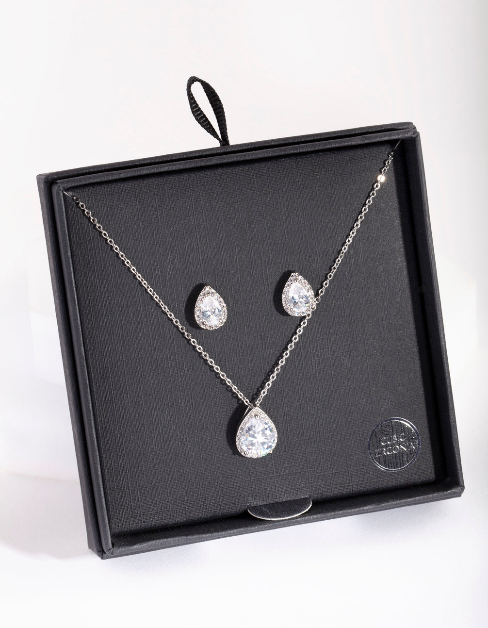 Silver Cubic Zirconia Surround Teardrop Earring Necklace Set