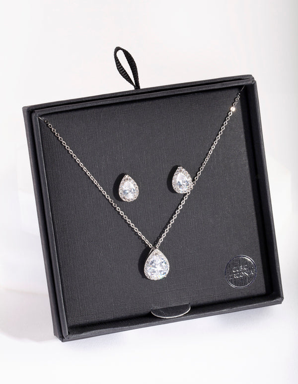 Silver Cubic Zirconia Surround Teardrop Earring Necklace Set