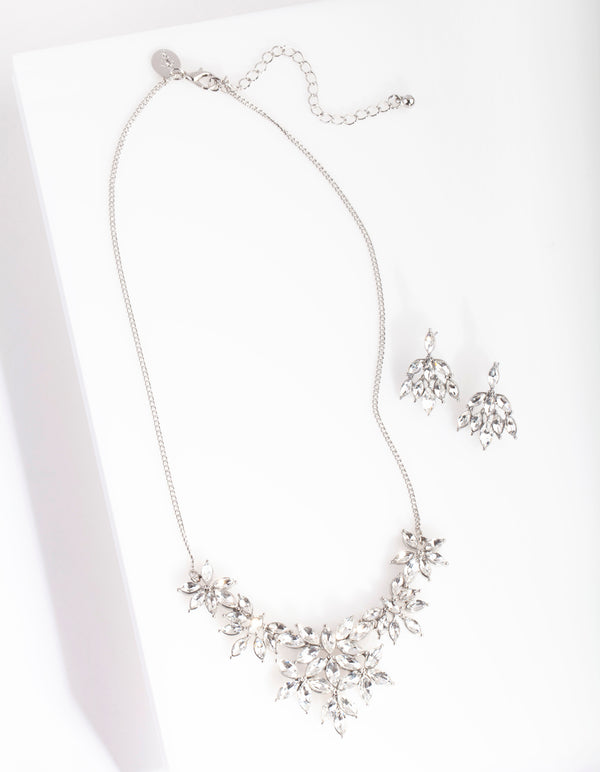 Silver Cubic Zirconia Cluster Necklace Earring Set