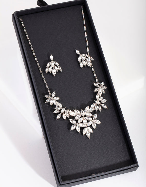 Silver Cubic Zirconia Cluster Necklace Earring Set