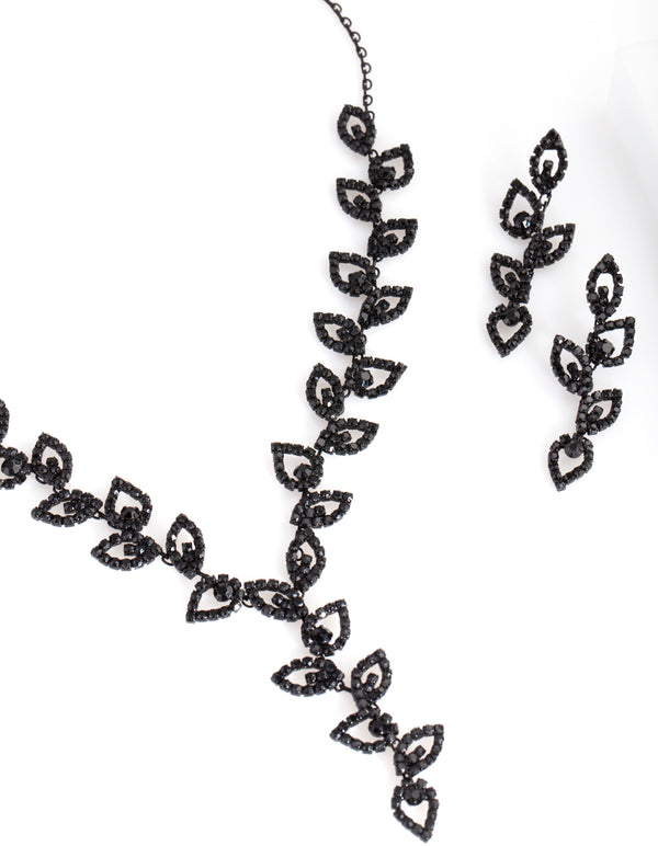 Black Cubic Zirconia Leaf Necklace Earring Set