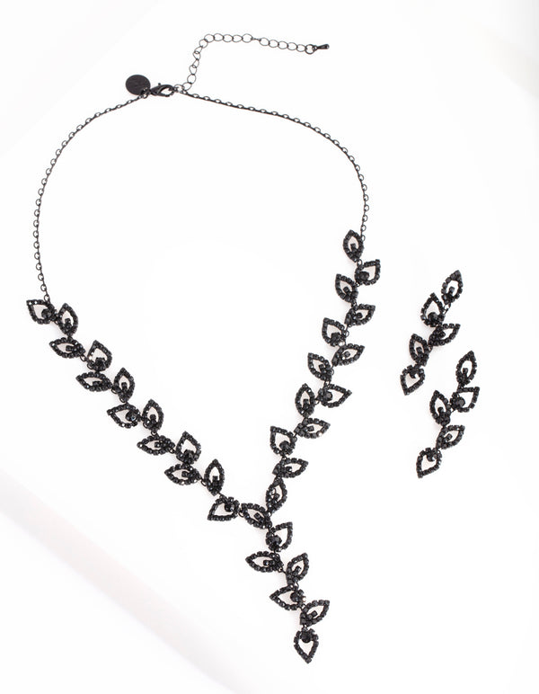 Black Cubic Zirconia Leaf Necklace Earring Set