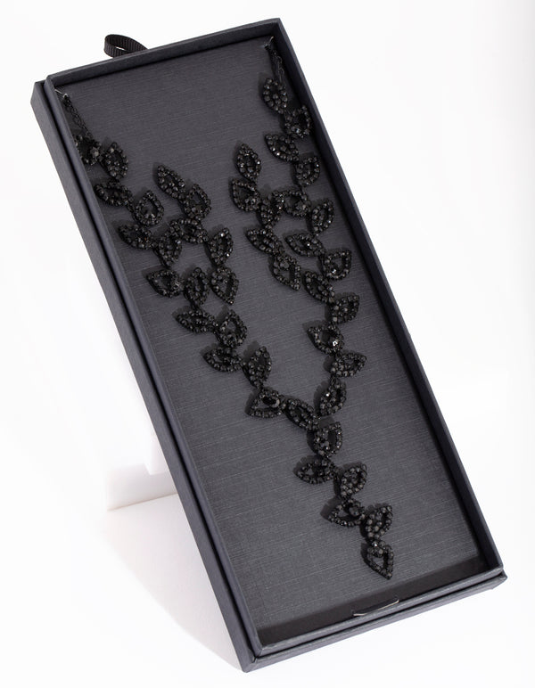 Black Cubic Zirconia Leaf Necklace Earring Set