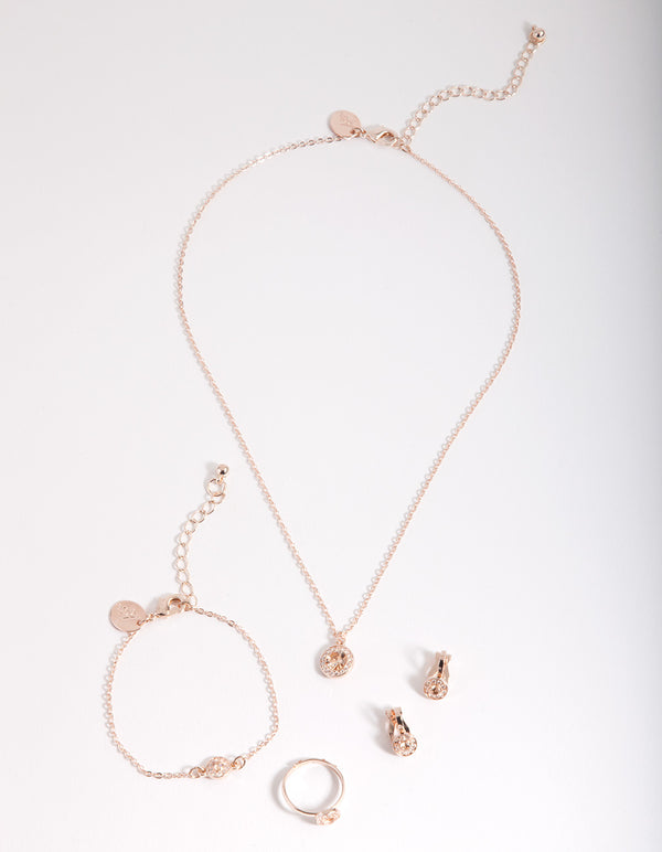 Kids Rose Gold Cubic Zirconia Halo Jewellery Set