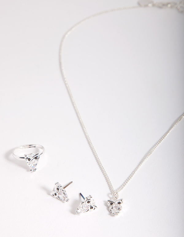 Kids Silver Cubic Zirconia Owl Jewellery Pack
