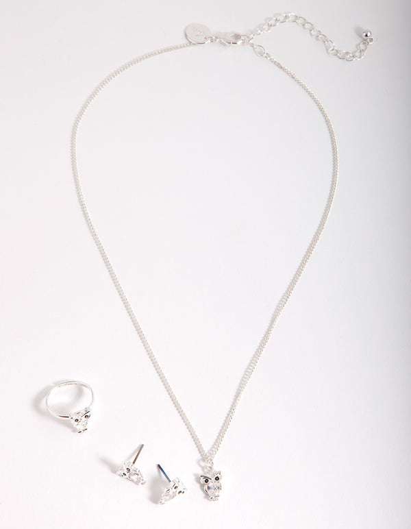 Kids Silver Cubic Zirconia Owl Jewellery Pack