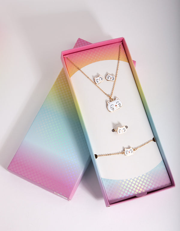 Kids Gold Enamel Cat Jewellery Set