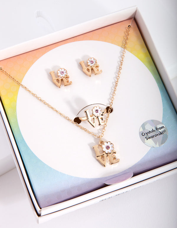 Kids Pink Swarovski Love Flower Jewellery Set