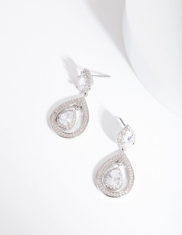 Silver Diamond Simulant Pear Drop Earrings