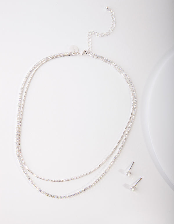 Cubic Zirconia Multi-Layered Necklace & Earrings Set