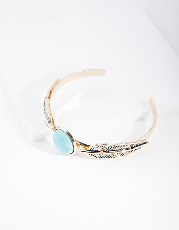 Gold Turquoise Faux Feather Cuff Bracelet