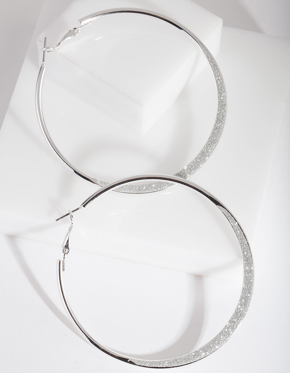 Large Silver Glitter Edge Hoop Earrings