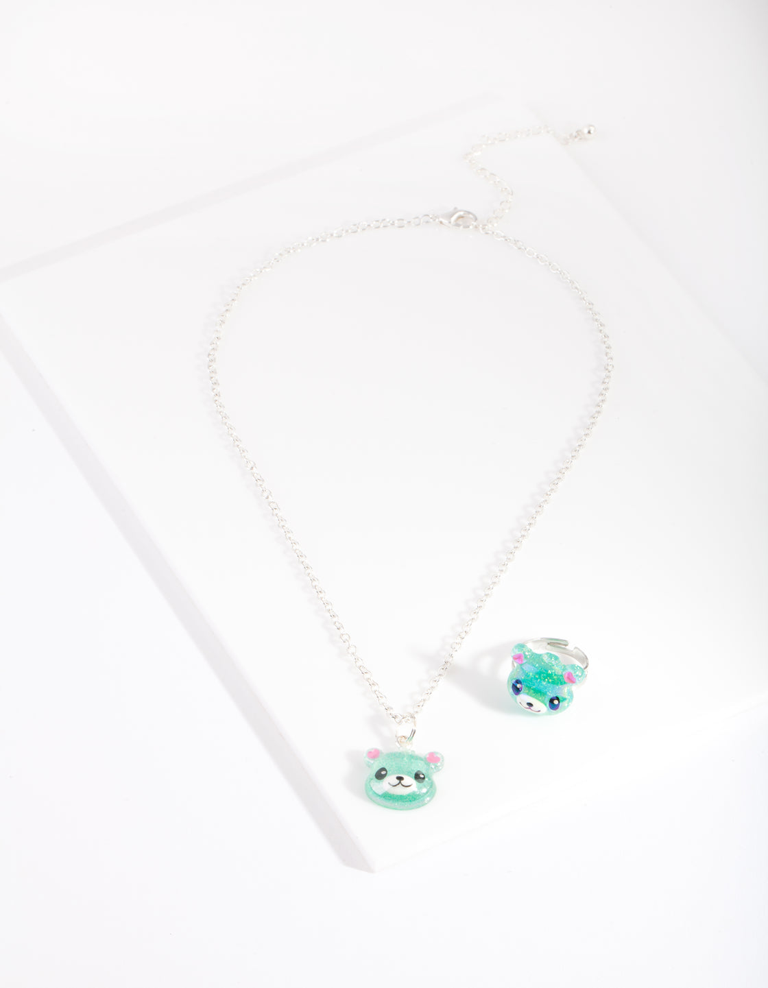 Kids Green Panda Necklace Ring Set