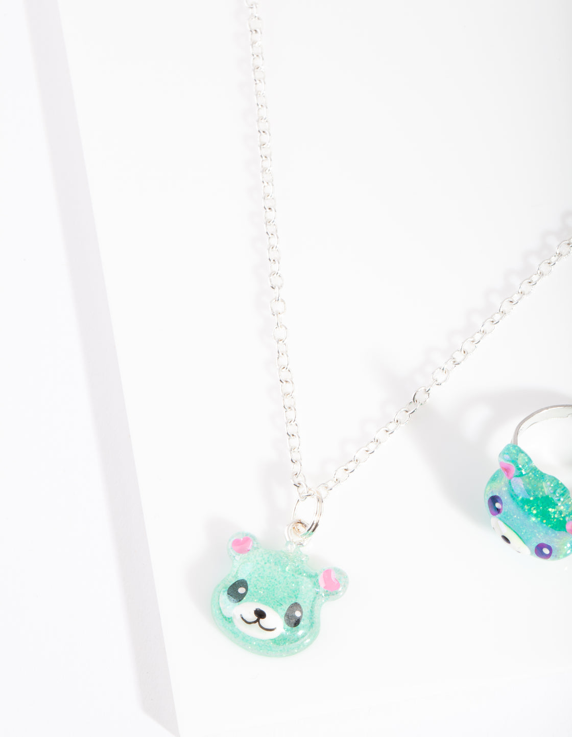 Kids Green Panda Necklace Ring Set