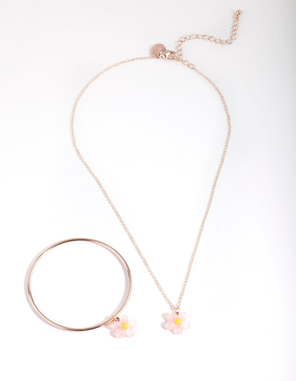 Kids Rose Gold Glitter Flower Necklace Bangle Pack