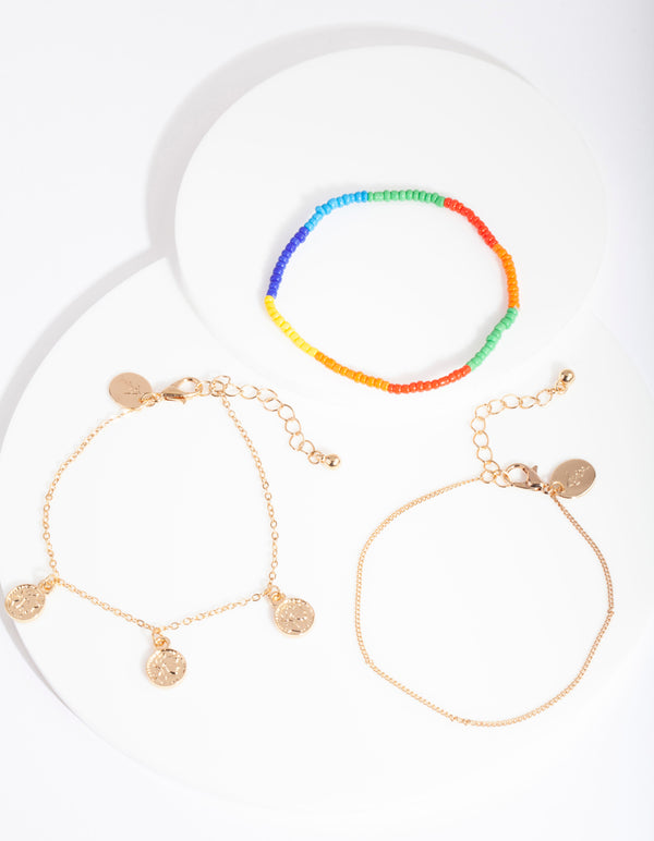 Gold Rainbow Coin Bracelet 3 Pack