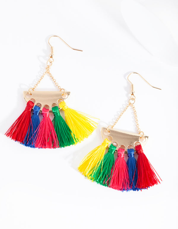 Gold Multicoloured Tassel Drop Earrings