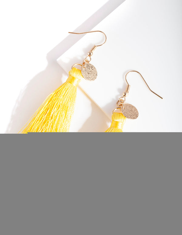 Gold Disc Charm Yellow Tassel Earrings