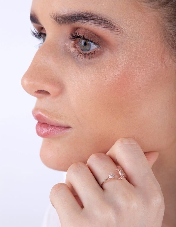 Rose Gold Cubic Zirconia Moon & Star Ring
