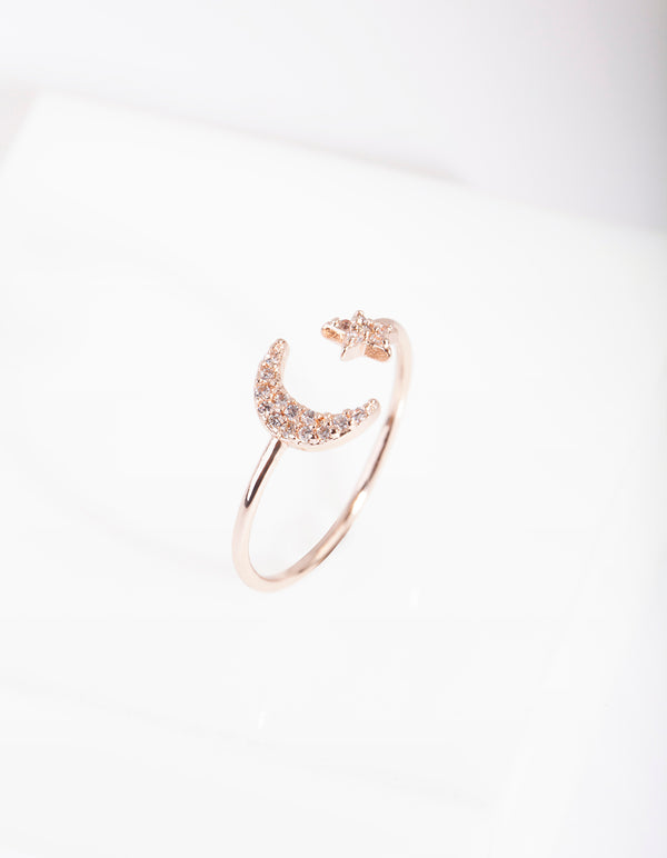 Rose Gold Cubic Zirconia Moon & Star Ring