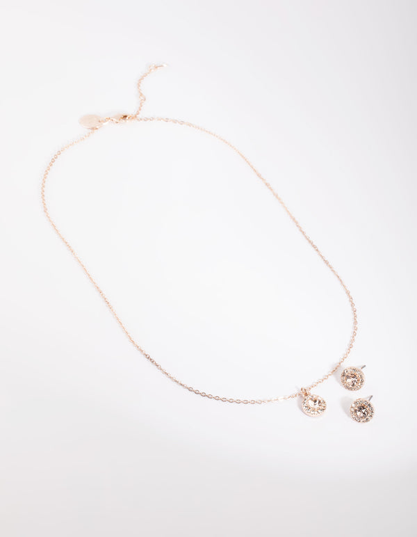 Rose Gold Diamond Simulant Circle Necklace & Earrings Set