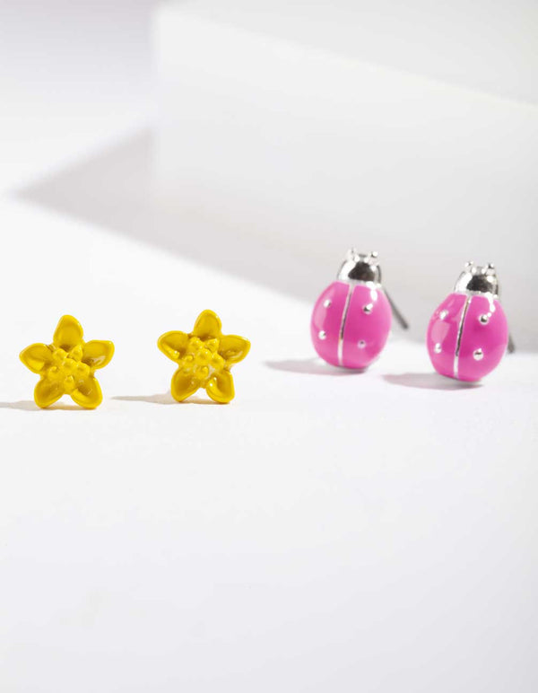 Kids Yellow Pink Ladybug Earring Pack