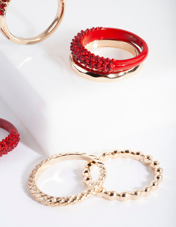 Gold Red Essential Diamante Ring 6-Pack